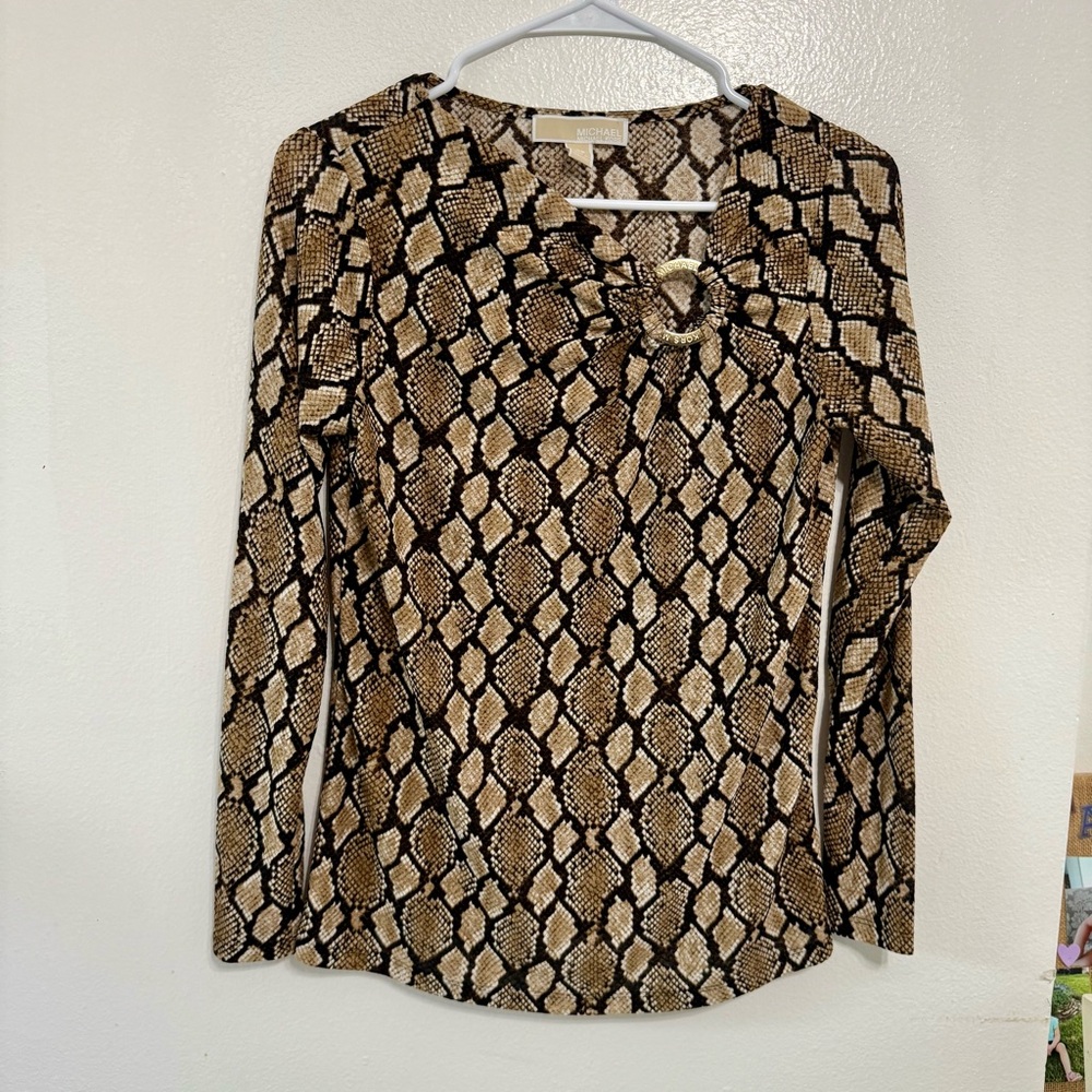 Michael Kors Brown Snake Print Long Sleeve Top